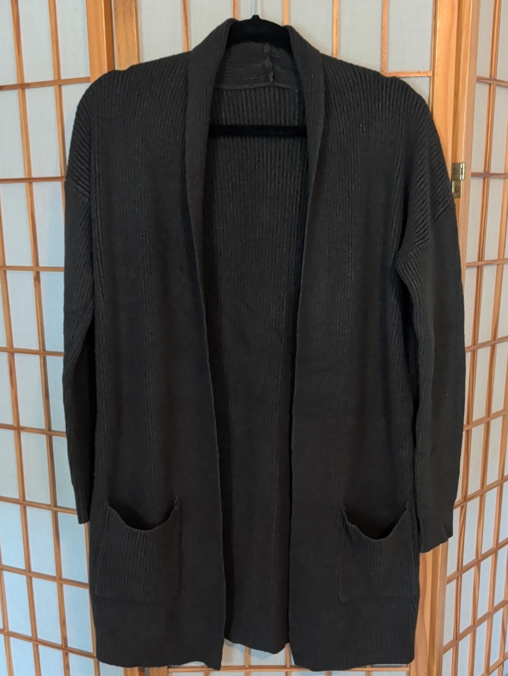 Dark Green Open-Front Ribbed Cardigan Sweater